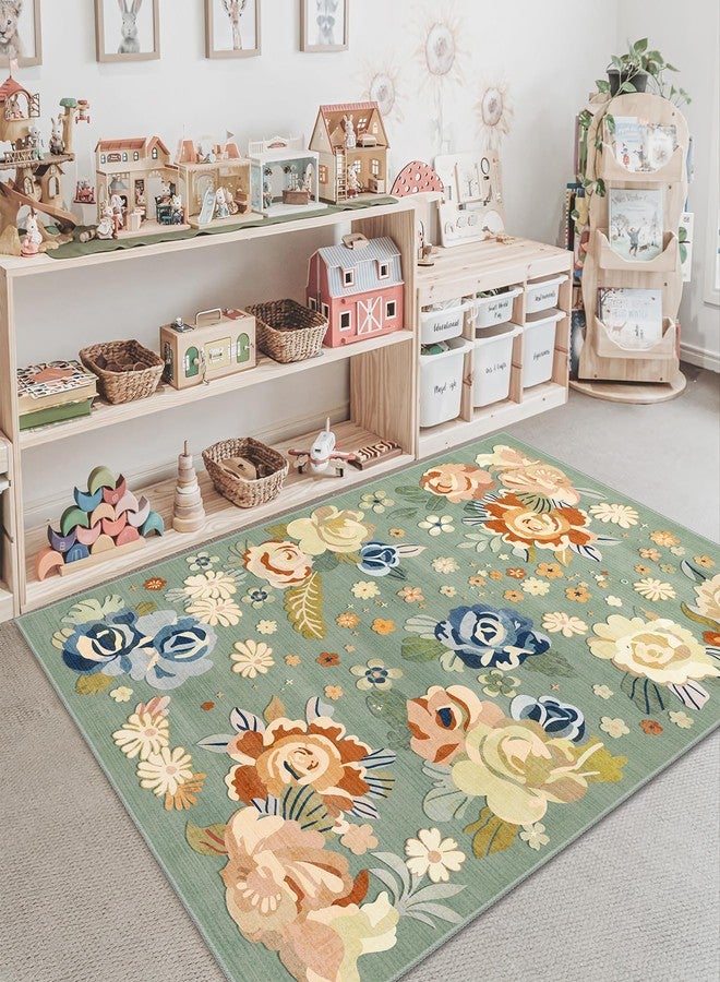 Castage Green Floral Rug 3x5,Boho Washable Area Rugs for Bedroom Living Room Kitchen Entryway Bedside,Small Vintage Farmhouse Bohemian Oriental Non Slip Carpet - Image 3